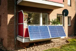 A small solar panel fixed to the balcony of a brick building